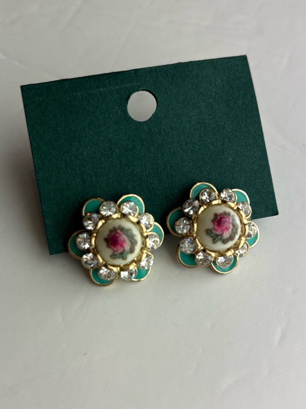 Gold Tone Turquoise Enamel Rhinestone Rose Flower Stud Earrings